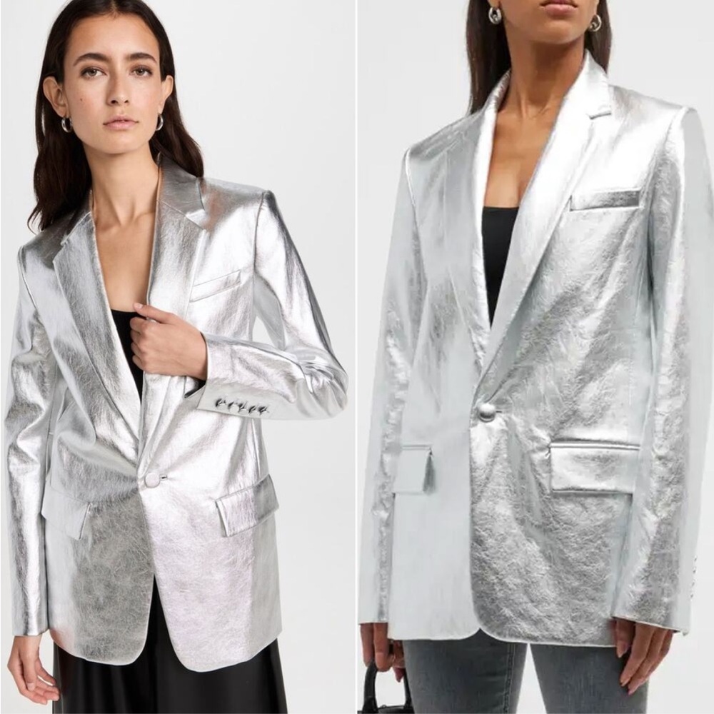 A.L.C NWT Dakota Metallic Silver Notch Lapel Vegan Leather Blazer Size 2